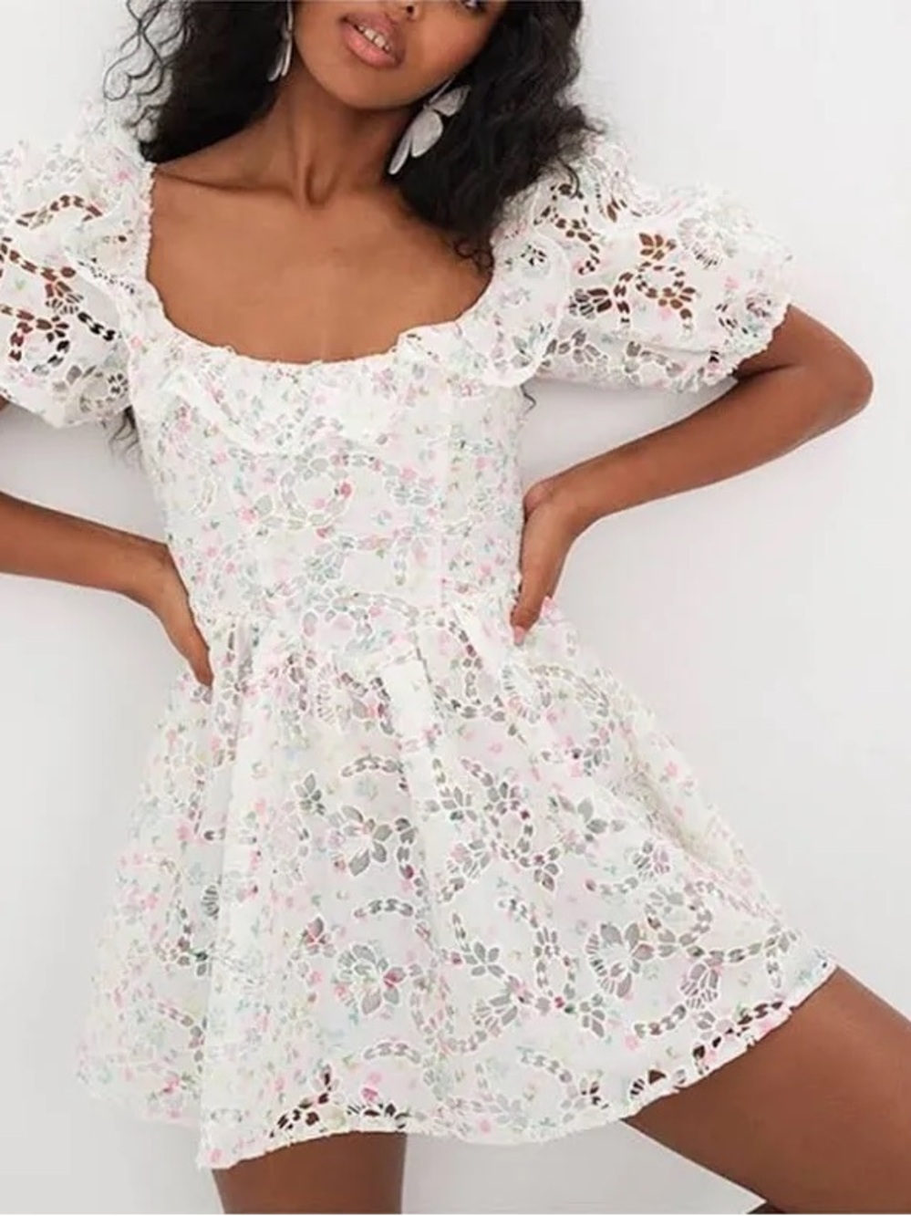 For Love & Lemons Maisie White Eyelet Mini Dress with Pastel Floral